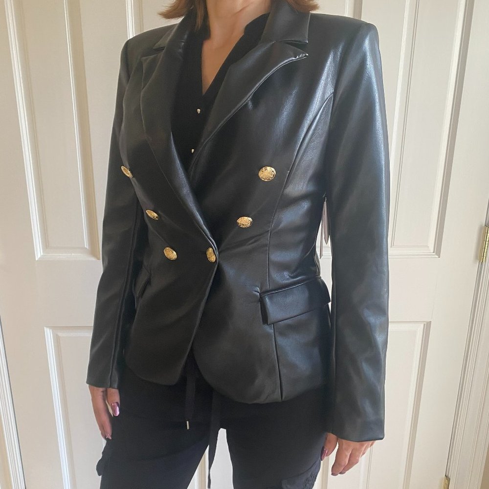 GUESS Kumi Double-Breasted Gold Buttons Faux-Leather Vegan Blazer NWT